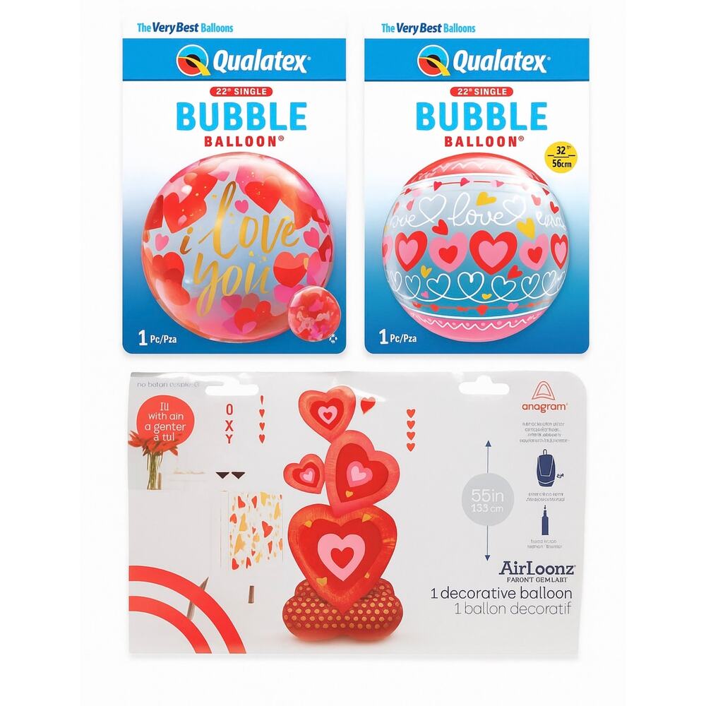 Valentine’s Day Balloon Set – Anagram AirLoonz Hearts & Bubble Balloons – 3 Pack